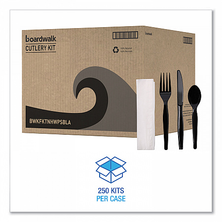 Four-Piece Cutlery Kit, Heavyweight, Fork/Knife/Napkin/Spoon, Plastic, Black, 250/Carton (FKTNHWPSBLA)