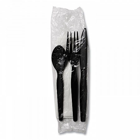 Four-Piece Cutlery Kit, Heavyweight, Fork/Knife/Napkin/Spoon, Plastic, Black, 250/Carton (FKTNHWPSBLA)