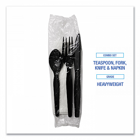 Four-Piece Cutlery Kit, Heavyweight, Fork/Knife/Napkin/Spoon, Plastic, Black, 250/Carton (FKTNHWPSBLA)