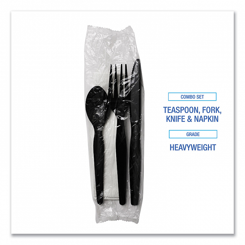 Four-Piece Cutlery Kit, Heavyweight, Fork/Knife/Napkin/Spoon, Plastic, Black, 250/Carton (FKTNHWPSBLA)