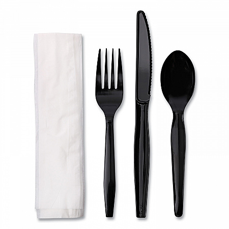 Four-Piece Cutlery Kit, Mediumweight, Fork/Knife/Napkin/Spoon, Plastic, Black, 250/Carton (FKTNMWPSBLA)