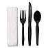 Four-Piece Cutlery Kit, Mediumweight, Fork/Knife/Napkin/Spoon, Plastic, Black, 250/Carton (FKTNMWPSBLA)