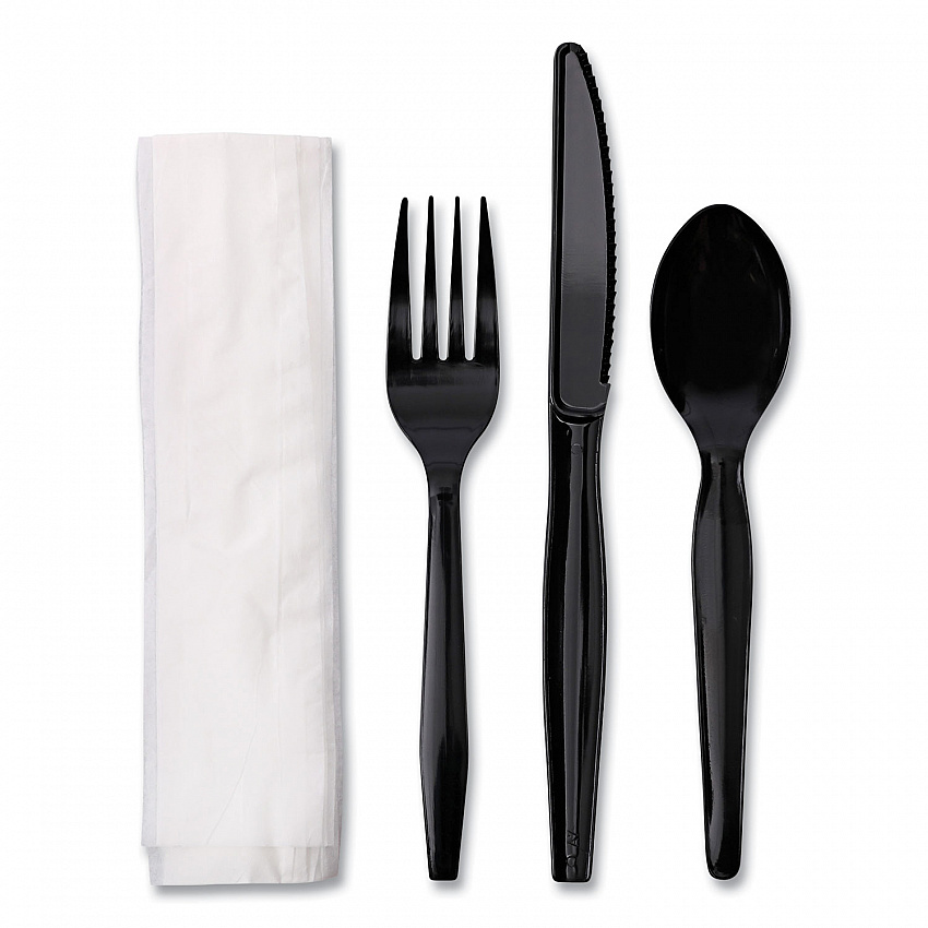 Four-Piece Cutlery Kit, Mediumweight, Fork/Knife/Napkin/Spoon, Plastic, Black, 250/Carton (FKTNMWPSBLA)