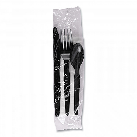 Four-Piece Cutlery Kit, Mediumweight, Fork/Knife/Napkin/Spoon, Plastic, Black, 250/Carton (FKTNMWPSBLA)