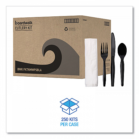 Four-Piece Cutlery Kit, Mediumweight, Fork/Knife/Napkin/Spoon, Plastic, Black, 250/Carton (FKTNMWPSBLA)