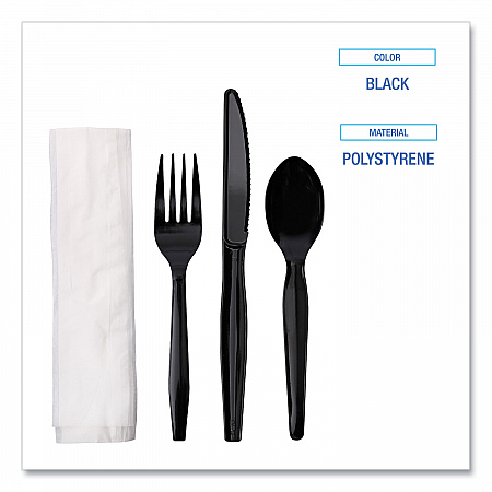 Four-Piece Cutlery Kit, Mediumweight, Fork/Knife/Napkin/Spoon, Plastic, Black, 250/Carton (FKTNMWPSBLA)