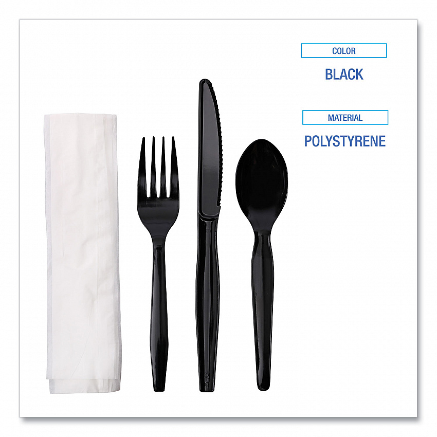Four-Piece Cutlery Kit, Mediumweight, Fork/Knife/Napkin/Spoon, Plastic, Black, 250/Carton (FKTNMWPSBLA)