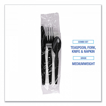 Four-Piece Cutlery Kit, Mediumweight, Fork/Knife/Napkin/Spoon, Plastic, Black, 250/Carton (FKTNMWPSBLA)
