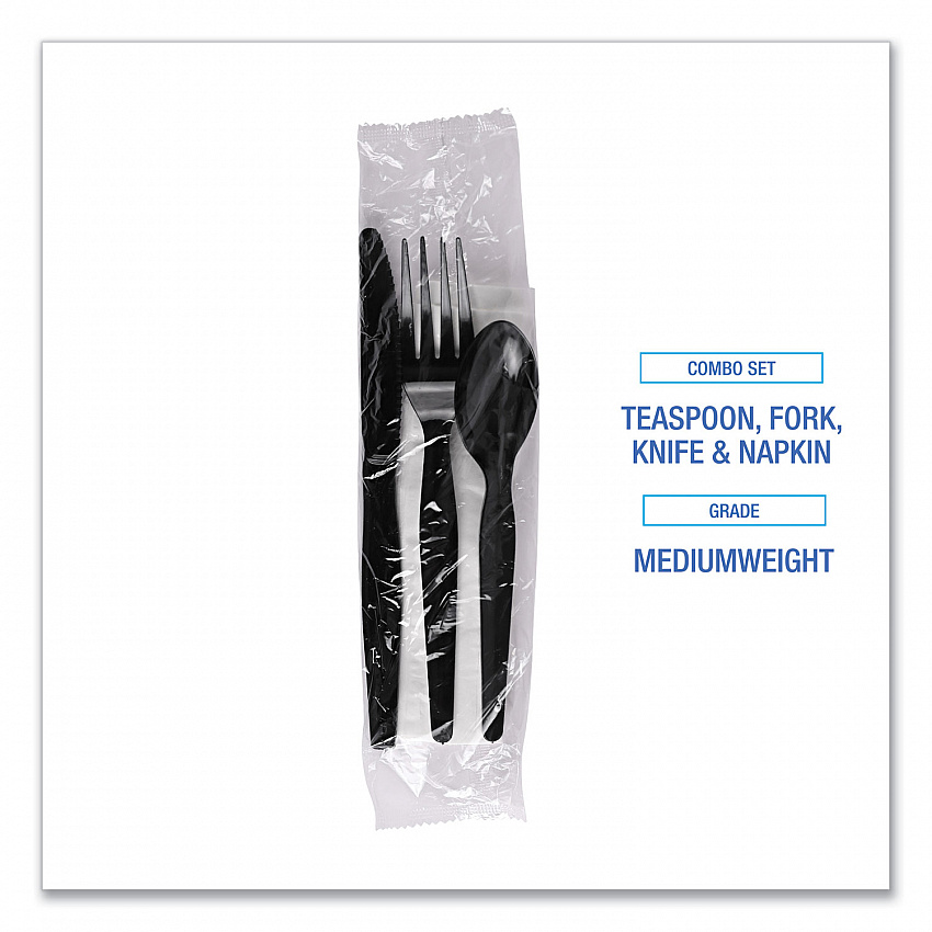 Four-Piece Cutlery Kit, Mediumweight, Fork/Knife/Napkin/Spoon, Plastic, Black, 250/Carton (FKTNMWPSBLA)