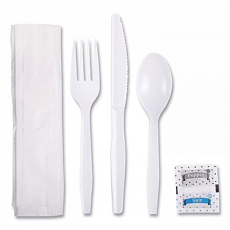 Six-Piece Cutlery Kit, Mediumweight, Fork/Knife/Napkin/Pepper/Salt/Spoon, Plastic, White, 250/Carton (FKTNSMWPSWH)