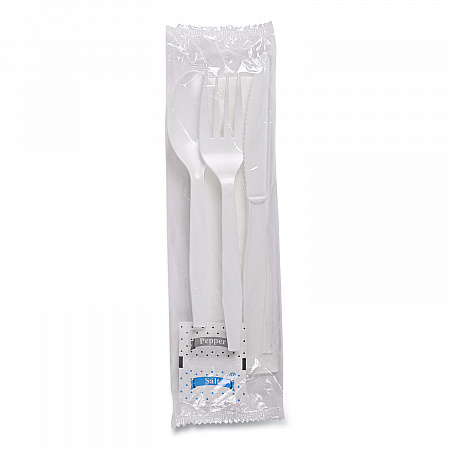 Six-Piece Cutlery Kit, Mediumweight, Fork/Knife/Napkin/Pepper/Salt/Spoon, Plastic, White, 250/Carton (FKTNSMWPSWH)