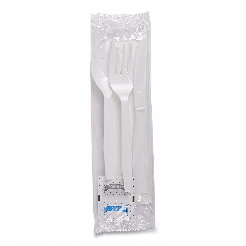 Six-Piece Cutlery Kit, Mediumweight, Fork/Knife/Napkin/Pepper/Salt/Spoon, Plastic, White, 250/Carton (FKTNSMWPSWH)