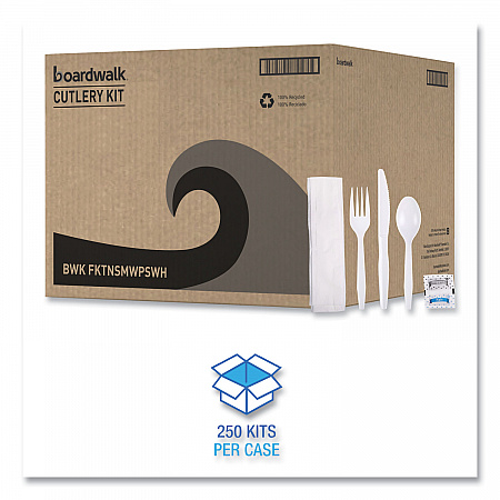 Six-Piece Cutlery Kit, Mediumweight, Fork/Knife/Napkin/Pepper/Salt/Spoon, Plastic, White, 250/Carton (FKTNSMWPSWH)
