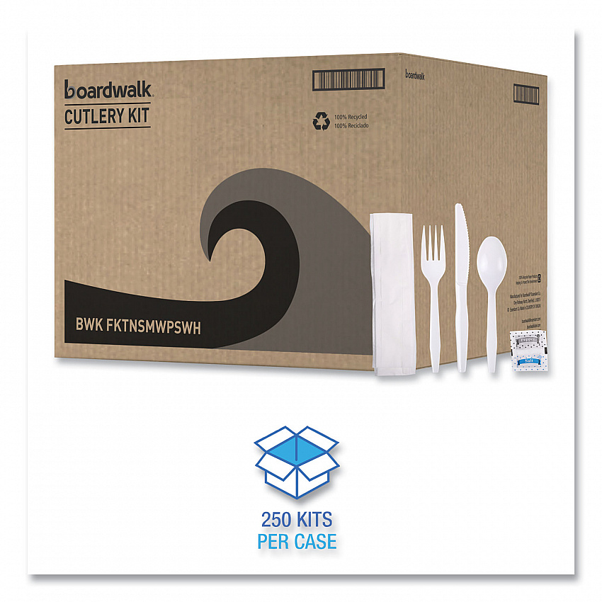 Six-Piece Cutlery Kit, Mediumweight, Fork/Knife/Napkin/Pepper/Salt/Spoon, Plastic, White, 250/Carton (FKTNSMWPSWH)