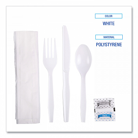 Six-Piece Cutlery Kit, Mediumweight, Fork/Knife/Napkin/Pepper/Salt/Spoon, Plastic, White, 250/Carton (FKTNSMWPSWH)