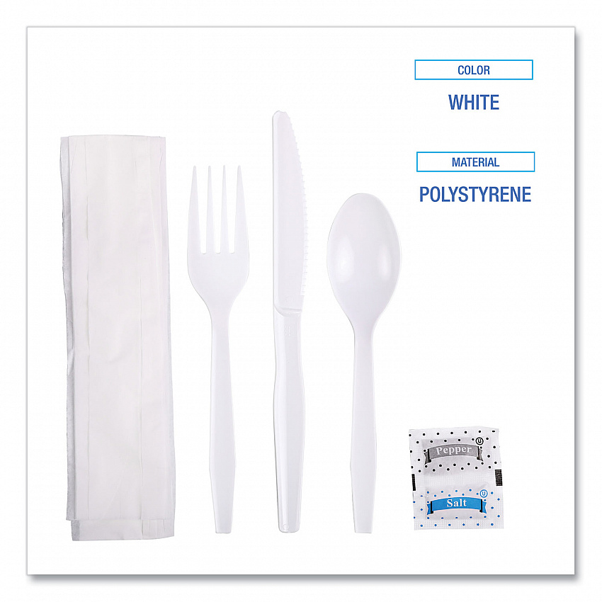 Six-Piece Cutlery Kit, Mediumweight, Fork/Knife/Napkin/Pepper/Salt/Spoon, Plastic, White, 250/Carton (FKTNSMWPSWH)