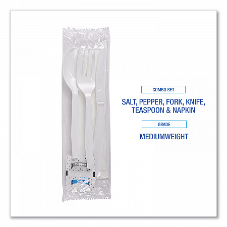 Six-Piece Cutlery Kit, Mediumweight, Fork/Knife/Napkin/Pepper/Salt/Spoon, Plastic, White, 250/Carton (FKTNSMWPSWH)