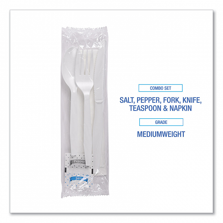 Six-Piece Cutlery Kit, Mediumweight, Fork/Knife/Napkin/Pepper/Salt/Spoon, Plastic, White, 250/Carton (FKTNSMWPSWH)