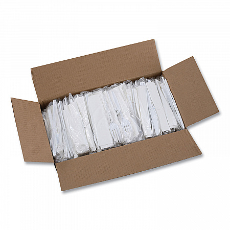 Six-Piece Cutlery Kit, Mediumweight, Fork/Knife/Napkin/Pepper/Salt/Spoon, Plastic, White, 250/Carton (FKTNSMWPSWH)