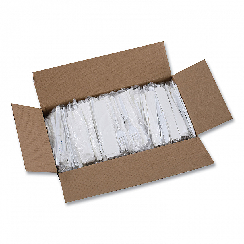 Six-Piece Cutlery Kit, Mediumweight, Fork/Knife/Napkin/Pepper/Salt/Spoon, Plastic, White, 250/Carton (FKTNSMWPSWH)