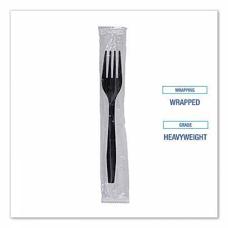 Heavyweight Wrapped Polypropylene Cutlery, Fork, Plastic, Black, 1,000/Carton (FORKHWPPBIW)