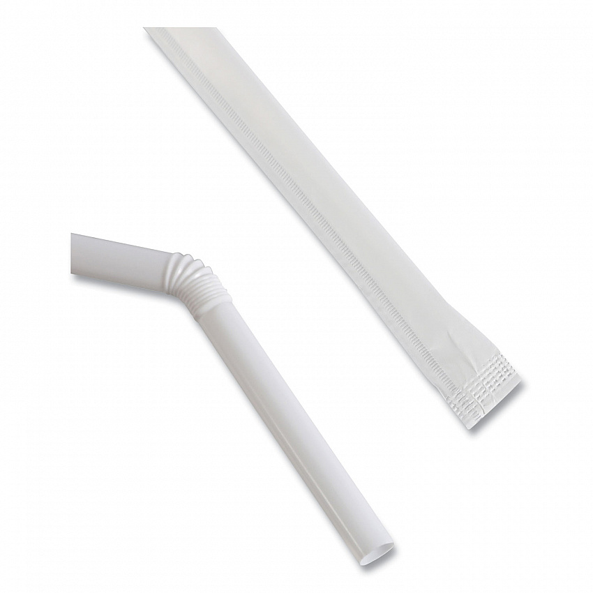 Flexible Wrapped Straws, 7.75", Plastic, White, 500/Pack, 20 Packs/Carton (FSTW775W25)