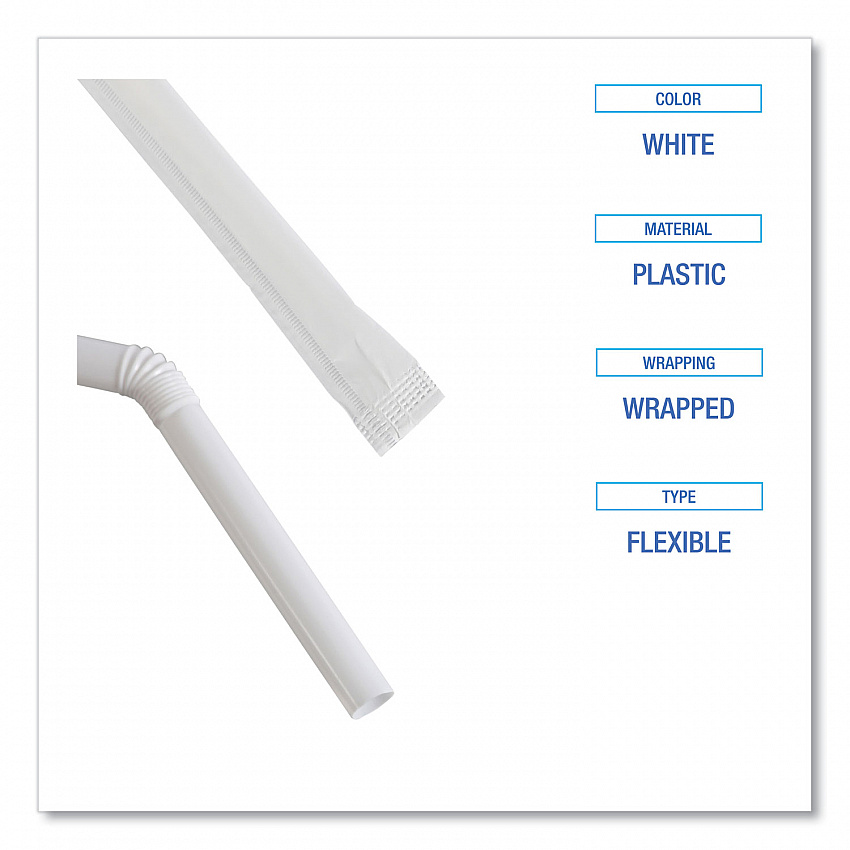 Flexible Wrapped Straws, 7.75", Plastic, White, 500/Pack, 20 Packs/Carton (FSTW775W25)