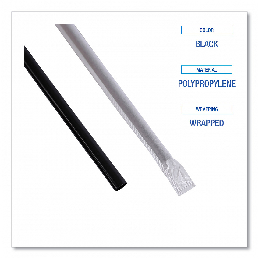 Wrapped Jumbo Straws, 7.75", Polypropylene, Black, 250/Pack, 50 Packs/Carton (JSTW775B)