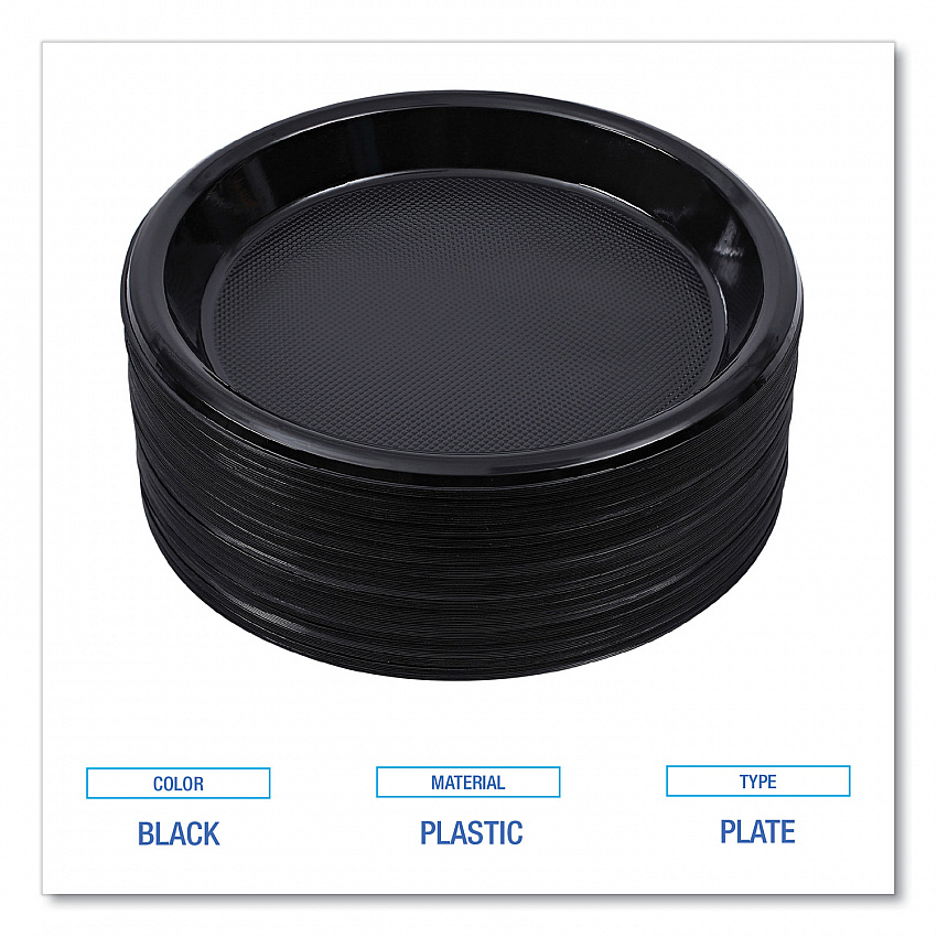 Hi-Impact Plastic Dinnerware, Plate, 10" dia, Black, 125/Sleeve, 4 Sleeves/Carton (PLHIPS10BL)