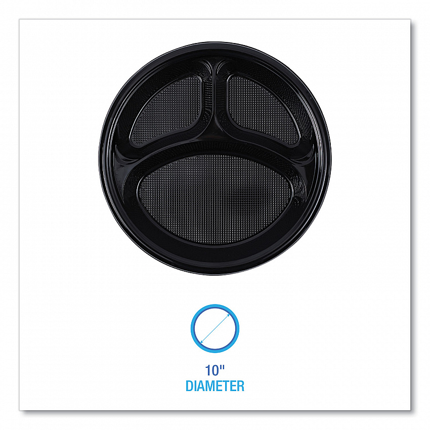 Hi-Impact Plastic Dinnerware, 3-Compartment Plate, 10" dia, Black, 125/Sleeve, 4 Sleeves/Carton (PLTHIPS10BL3)