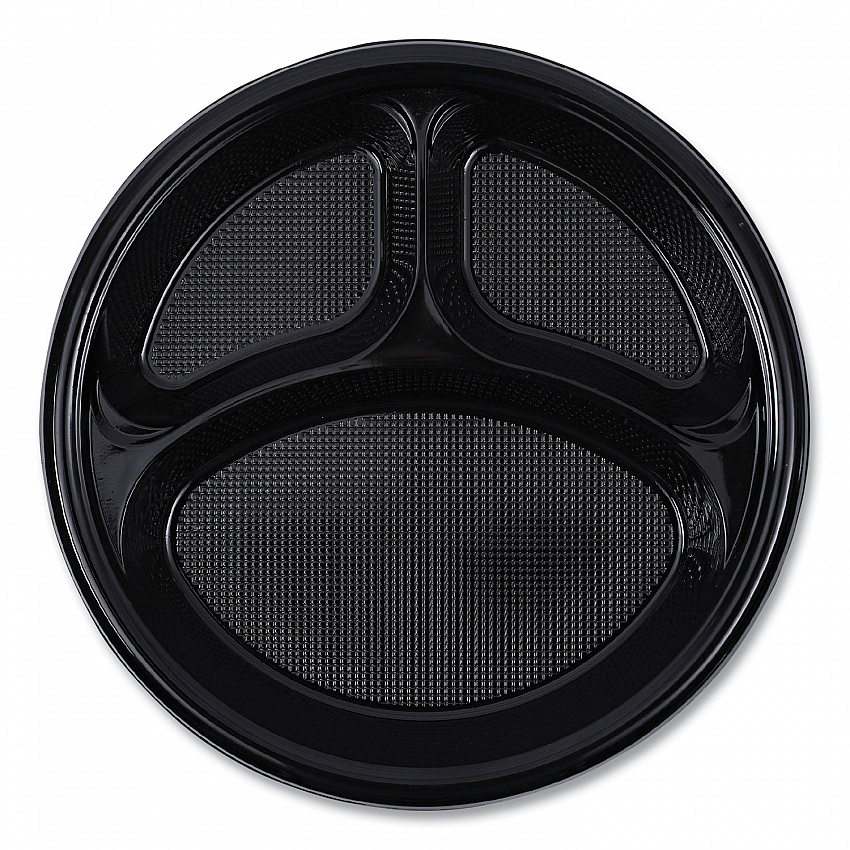 Hi-Impact Plastic Dinnerware, 3-Compartment Plate, 10" dia, Black, 125/Sleeve, 4 Sleeves/Carton (PLTHIPS10BL3)