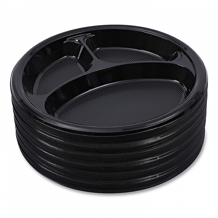 Hi-Impact Plastic Dinnerware, 3-Compartment Plate, 10" dia, Black, 125/Sleeve, 4 Sleeves/Carton (PLTHIPS10BL3)