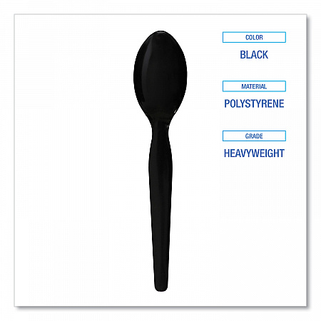 Heavyweight Polystyrene Cutlery, Spoon, Plastic, Black, 1,000/Carton (SPOONHWBLA)