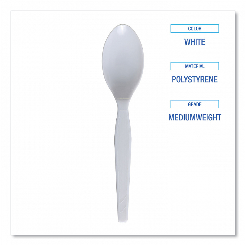 Mediumweight Polystyrene Cutlery, Spoon, Plastic, White, 100/Box (SPOONMWPSBX)