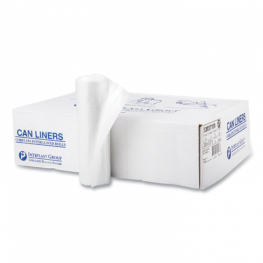 High-Density Commercial Can Liners, 30 gal, 10 mic, 30" x 37", Clear, Interleaved Roll, 25 Bags/Roll, 20 Rolls/Carton (S303710N)