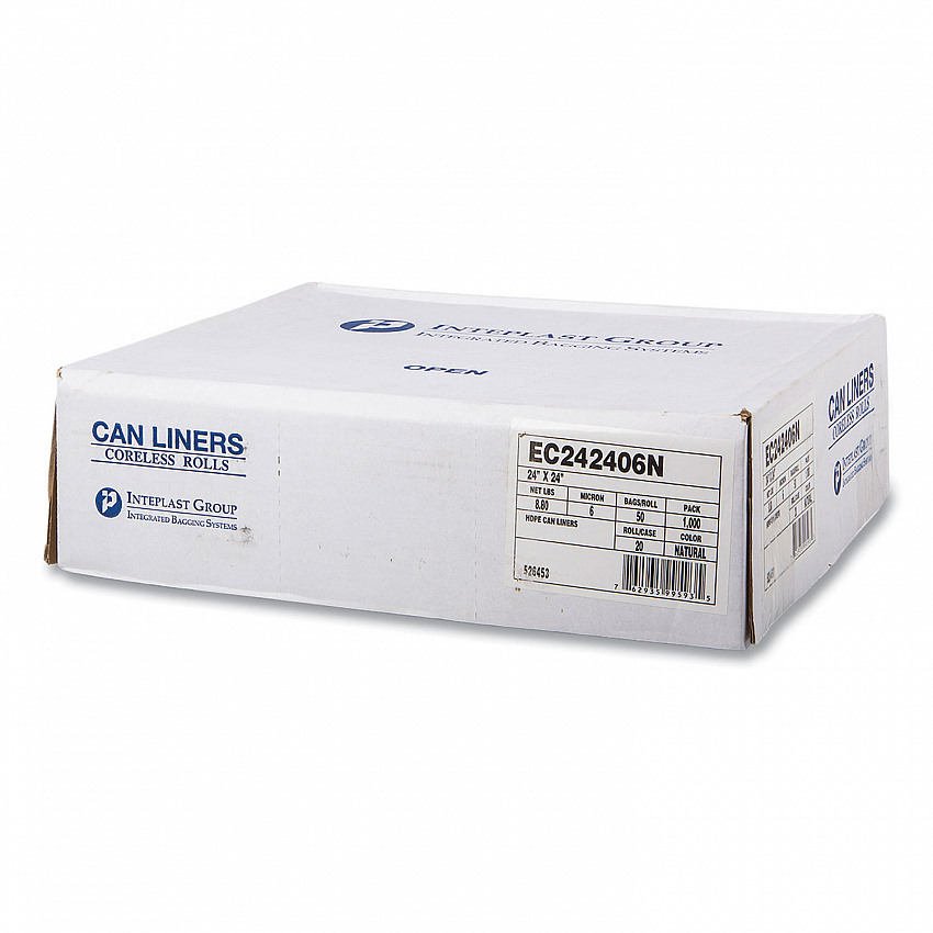 High-Density Commercial Can Liners, 10 gal, 6 mic, 24" x 24", Natural, Perforated Roll, 50 Bags/Roll, 20 Rolls/Carton (EC242406N)