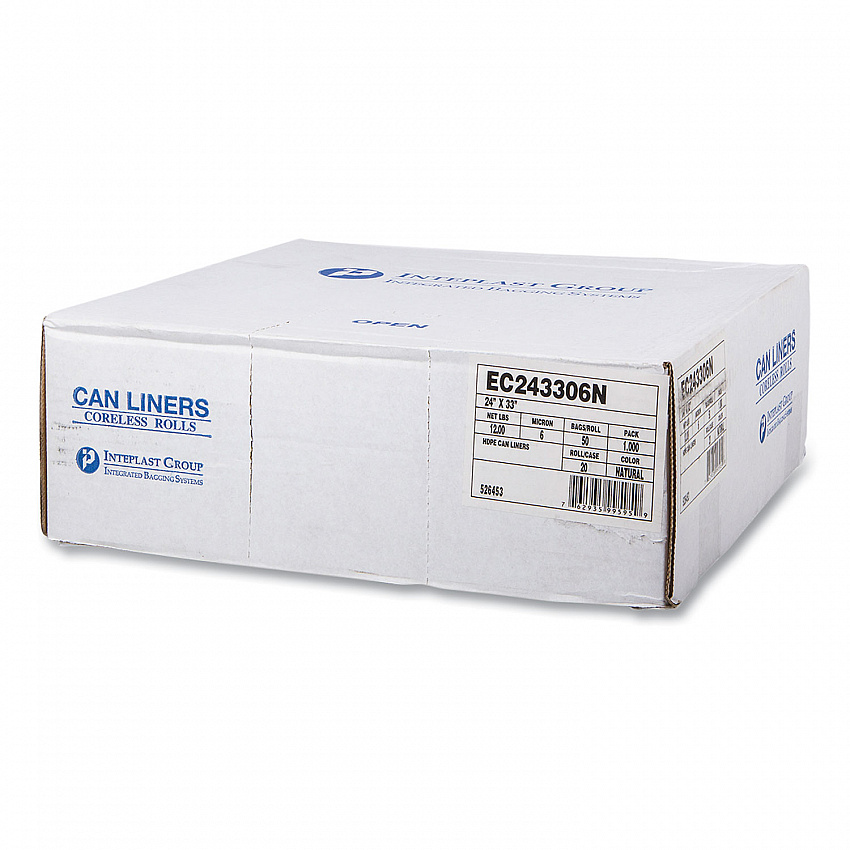 High-Density Commercial Can Liners, 16 gal, 6 mic, 24" x 33", Natural, Perforated Roll, 50 Bags/Roll, 20 Rolls/Carton (EC243306N)