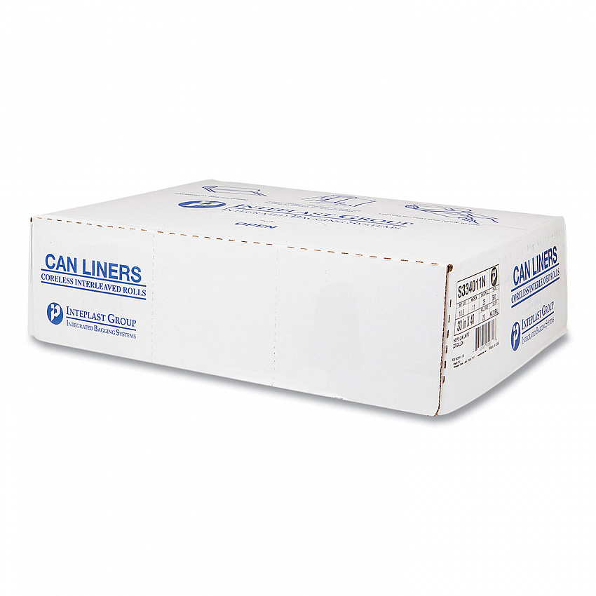 High-Density Commercial Can Liners, 33 gal, 11 mic, 33" x 40", Clear, Interleaved Roll, 25 Bags/Roll, 20 Rolls/Carton (S334011N)