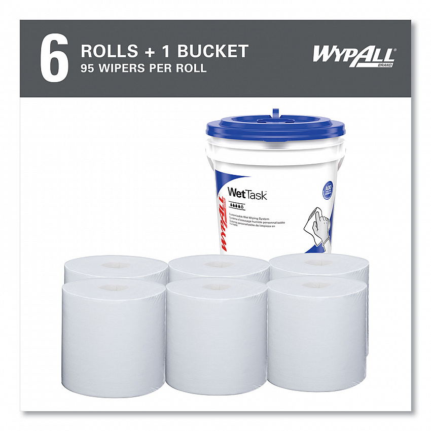 Power Clean Wipers for WetTask Customizable Wet Wiping System with (1) Bucket, 6 x 12, Unscented, 95/Roll, 6 Rolls/Carton (06001)