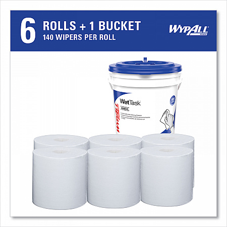 Critical Clean Wipers for Bleach, Disinfectants, Sanitizers WetTask Customizable Wet Wiping System, w/Bucket,140/Roll, 6/CT (06411)