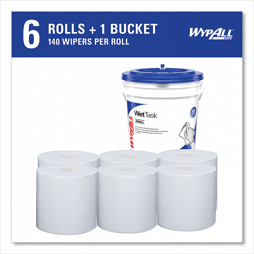 Critical Clean Wipers for Bleach, Disinfectants, Sanitizers WetTask Customizable Wet Wiping System, w/Bucket,140/Roll, 6/CT (06411)