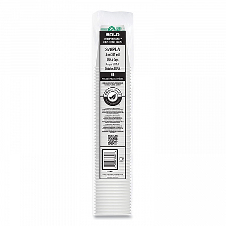 Compostable Paper Hot Cups, ProPlanet Seal, 8 oz, White/Green, 50/Pack (378PLAPLATPK)