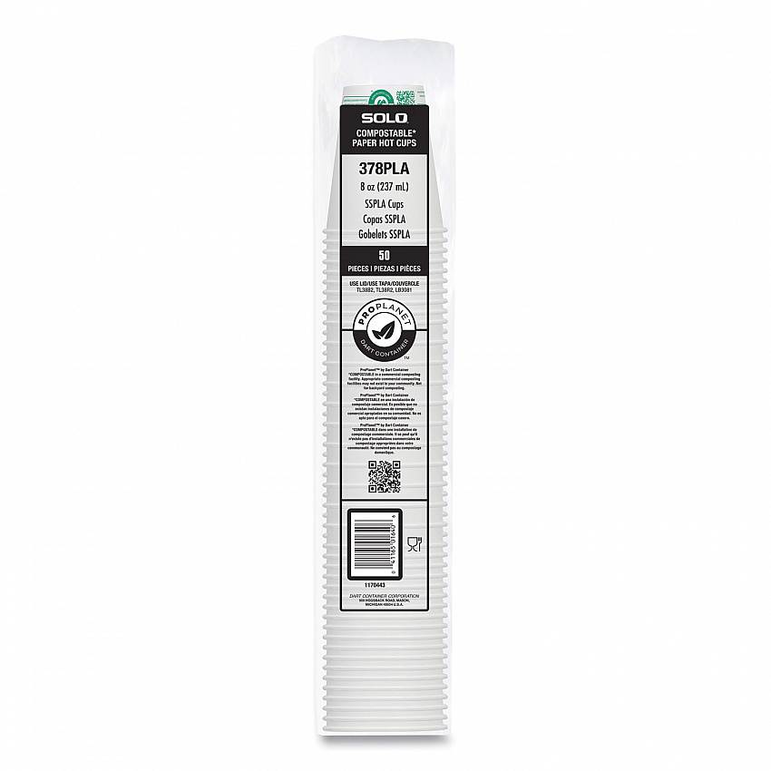 Compostable Paper Hot Cups, ProPlanet Seal, 8 oz, White/Green, 50/Pack (378PLAPLATPK)