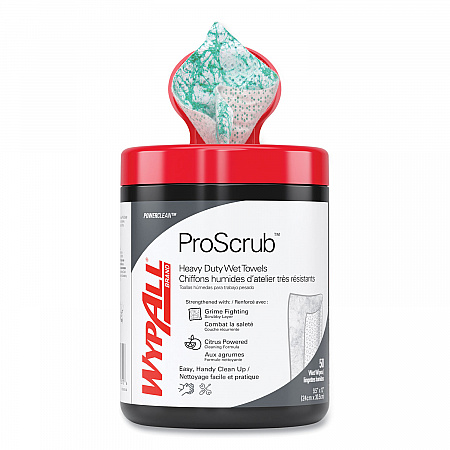 Power Clean ProScrub Pre-Saturated Wipes, 12 x 9.5, Citrus Scent, Green/White, 50/Canister, 8 Canisters/Carton (58310)