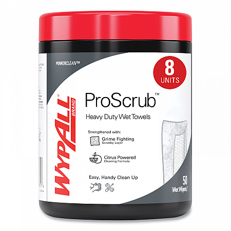 Power Clean ProScrub Pre-Saturated Wipes, 12 x 9.5, Citrus Scent, Green/White, 50/Canister, 8 Canisters/Carton (58310)