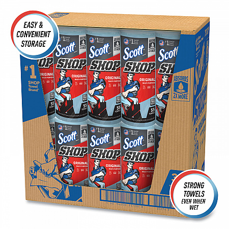Shop Towels, Standard Roll, 1-Ply, 9.4 x 11, Blue, 55/Roll, 30 Rolls/Carton (75130)