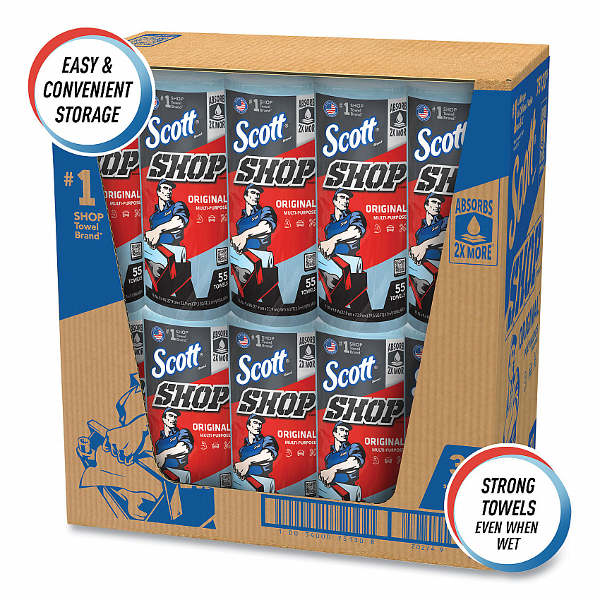 Shop Towels, Standard Roll, 1-Ply, 9.4 x 11, Blue, 55/Roll, 30 Rolls/Carton (75130)