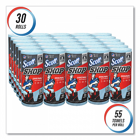 Shop Towels, Standard Roll, 1-Ply, 9.4 x 11, Blue, 55/Roll, 30 Rolls/Carton (75130)
