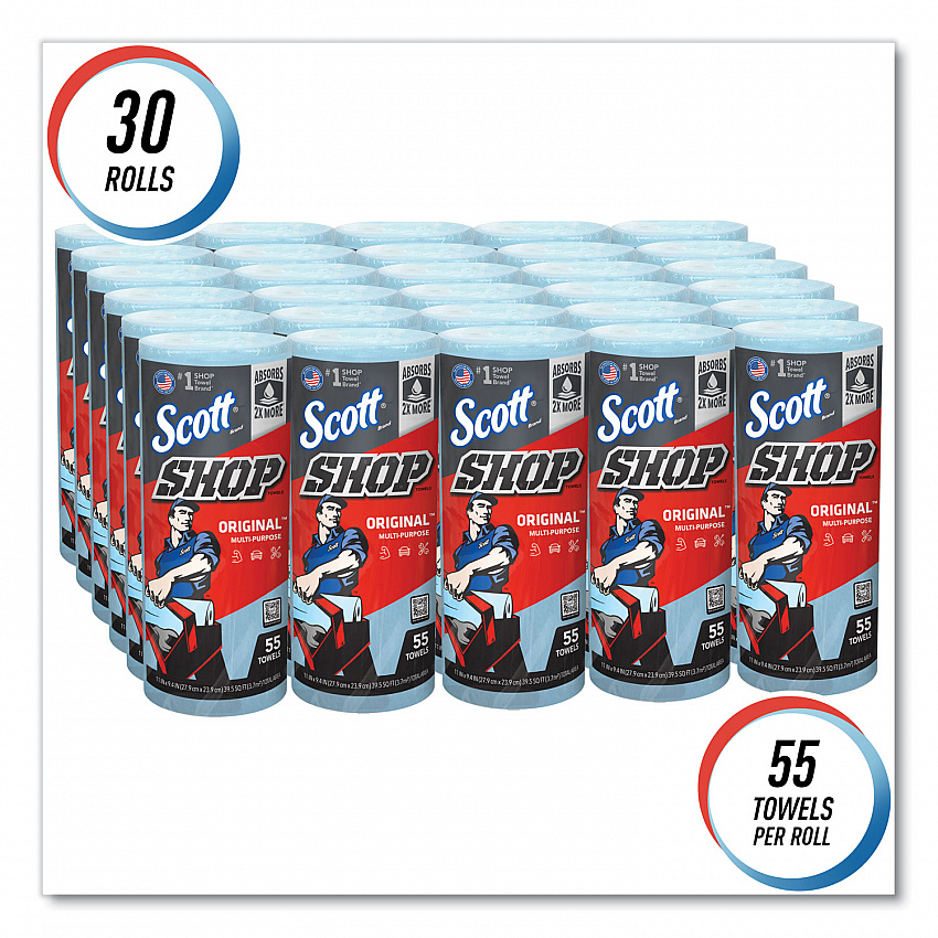 Shop Towels, Standard Roll, 1-Ply, 9.4 x 11, Blue, 55/Roll, 30 Rolls/Carton (75130)