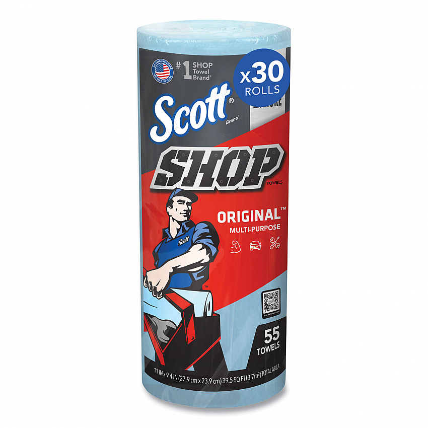 Shop Towels, Standard Roll, 1-Ply, 9.4 x 11, Blue, 55/Roll, 30 Rolls/Carton (75130)